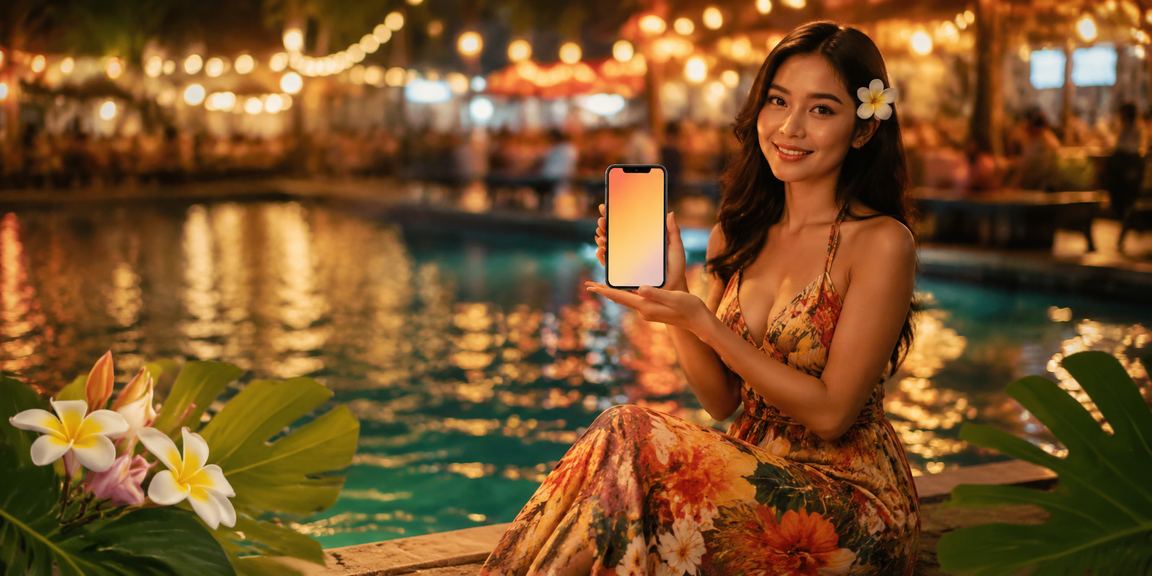 Tampilan aplikasi casino di layar smartphone dengan suasana pasar malam yang ramai