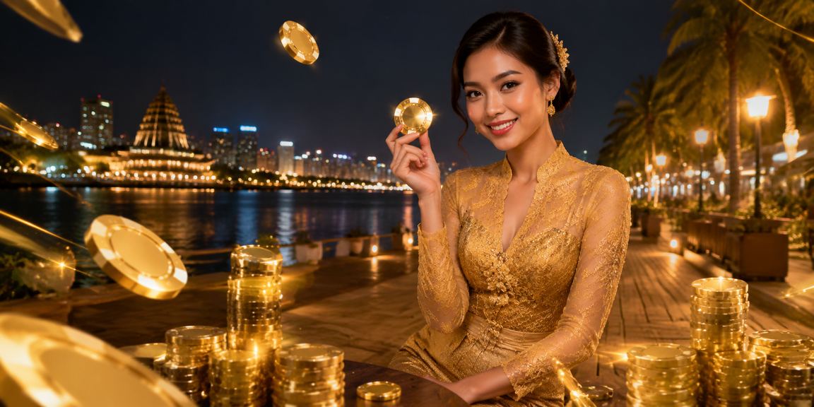 Model berpose di depan layar betting casino dengan pencahayaan neon yang dramatis