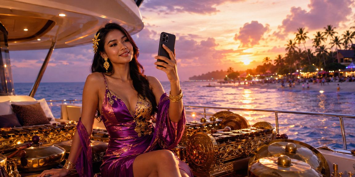 Pengguna memainkan casino online menggunakan ponsel di tepi pantai dengan suasana santai